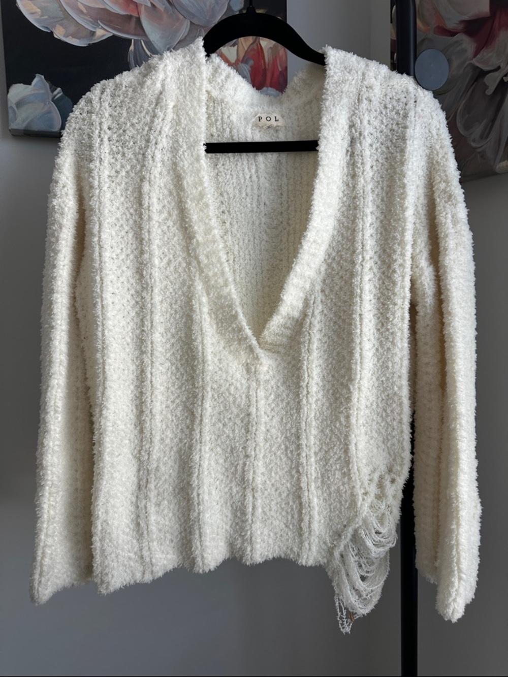 POL Cream Cozy Textured V-Neck Sweater with distressed Accent